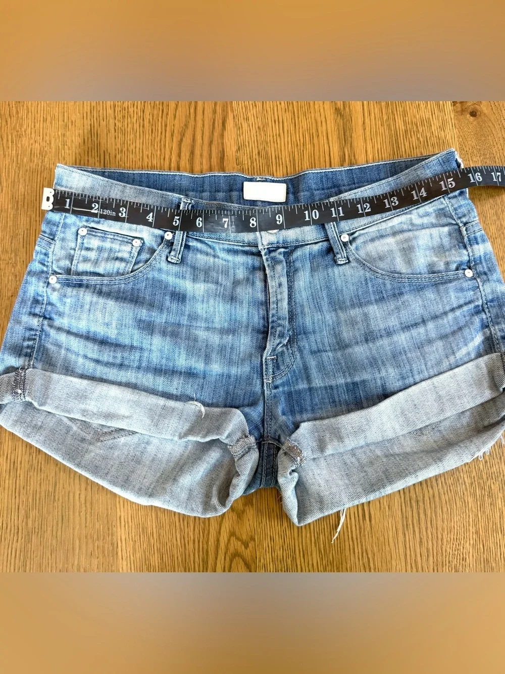 MOTHER SNS Frayed Denim Shorts Light Wash Rolled Cuff Low Rise Size 25